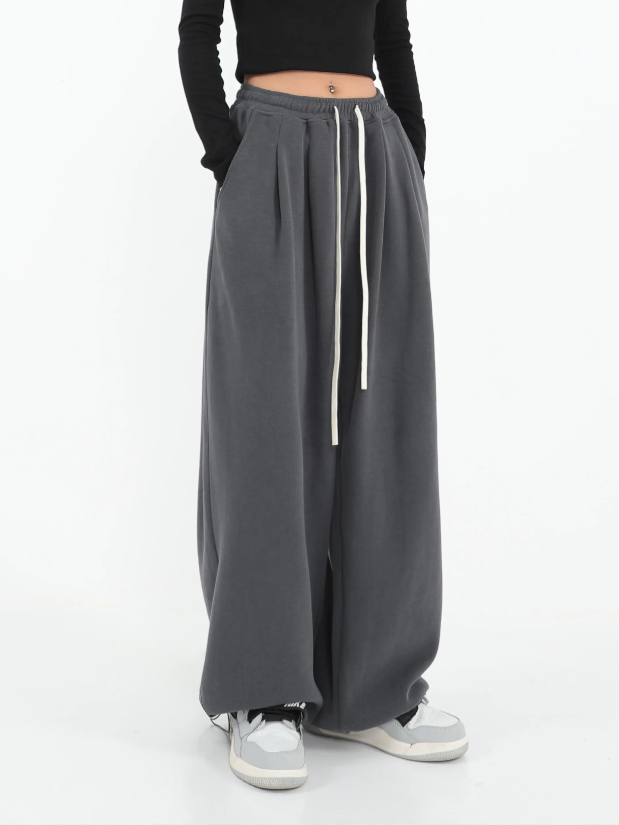 Alice Winter Suede Gray Wide-leg High Waist Straight Sweatpants