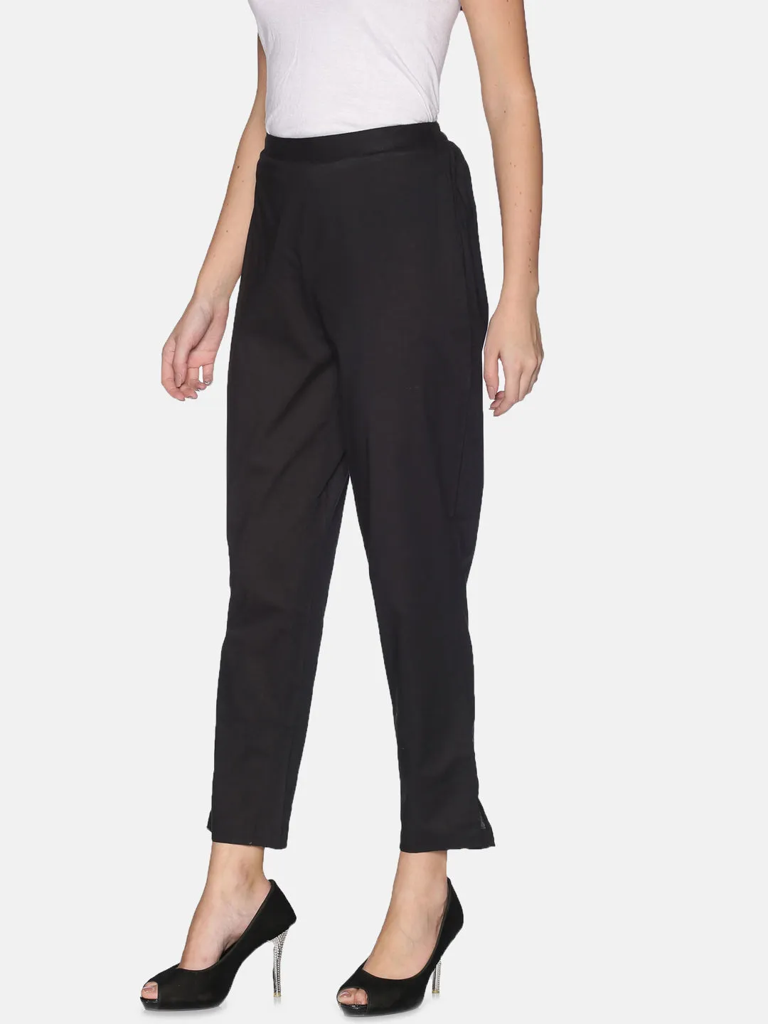 Black Cotton Relaxed Fit Trouser With Side Slit On Hem