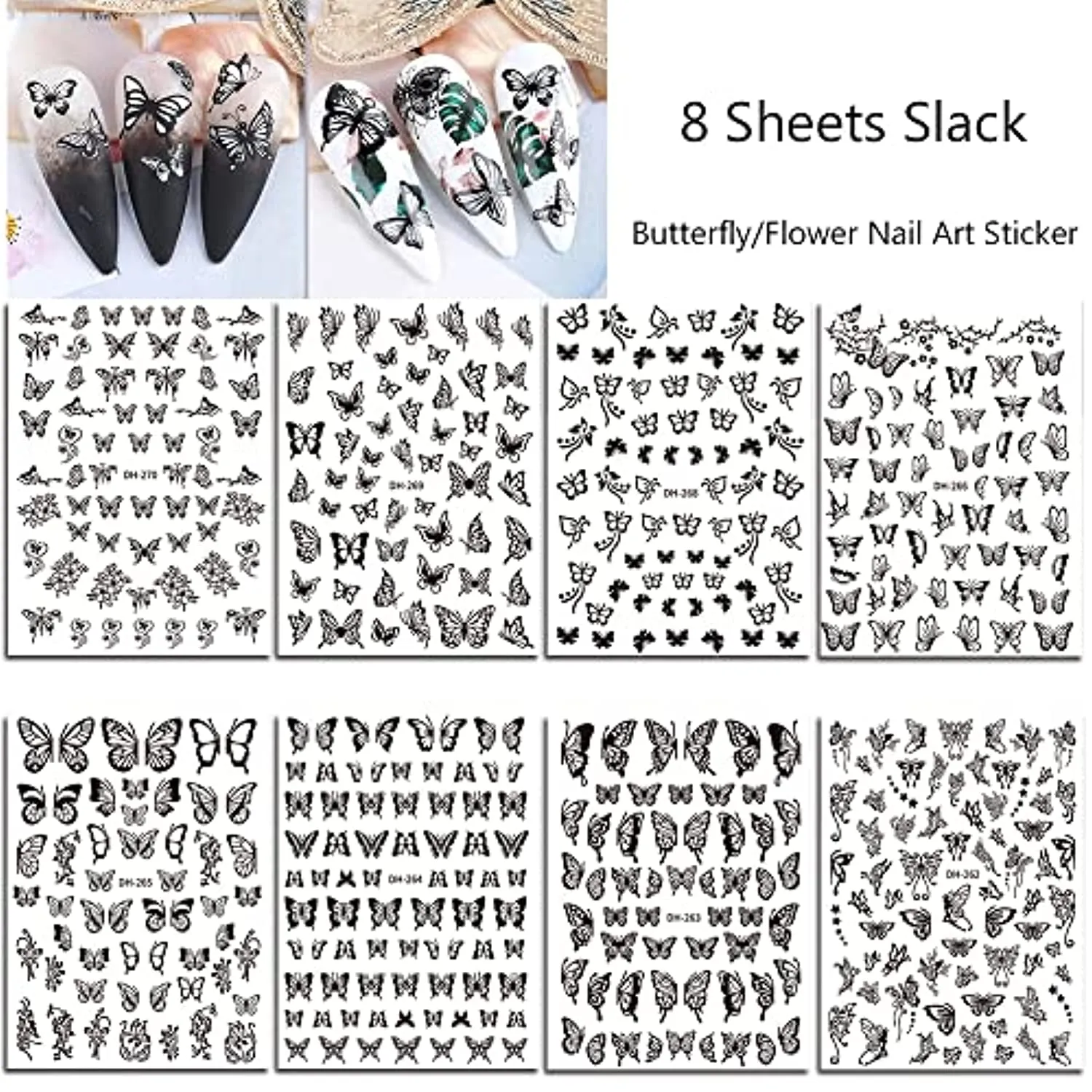 Butterfly Nail Art Stickers Spring Butterfly Nail Decals Decorate,3D Spring Self-Adhesive Black Butterflies Design Nail Decals Foil Butterflies Nail Sticker for Women Acrylic Nails-8 Sheets