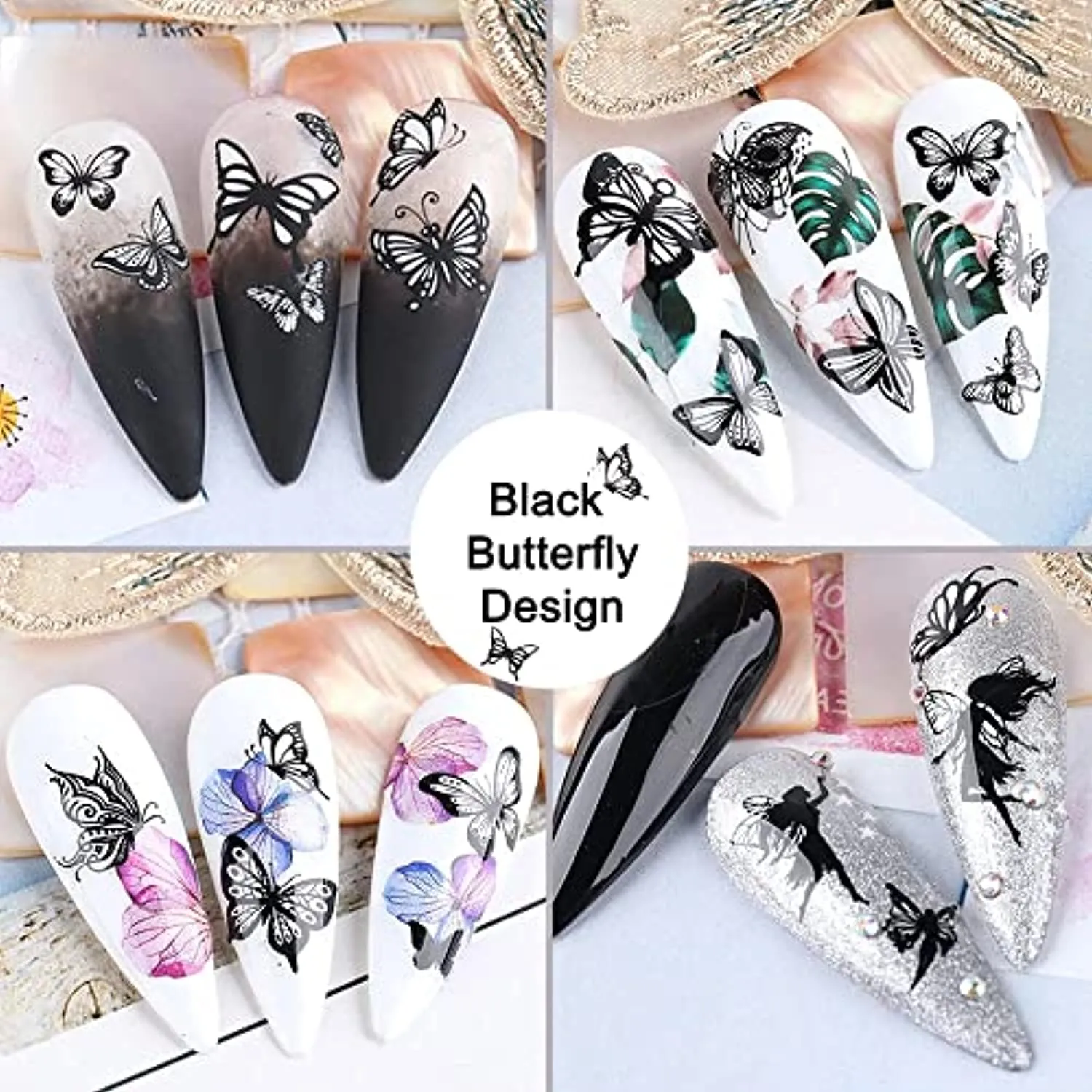 Butterfly Nail Art Stickers Spring Butterfly Nail Decals Decorate,3D Spring Self-Adhesive Black Butterflies Design Nail Decals Foil Butterflies Nail Sticker for Women Acrylic Nails-8 Sheets