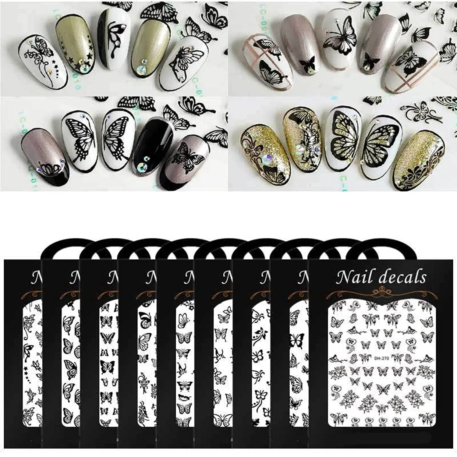 Butterfly Nail Art Stickers Spring Butterfly Nail Decals Decorate,3D Spring Self-Adhesive Black Butterflies Design Nail Decals Foil Butterflies Nail Sticker for Women Acrylic Nails-8 Sheets
