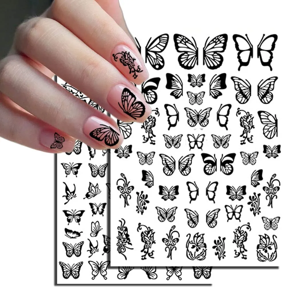 Butterfly Nail Art Stickers Spring Butterfly Nail Decals Decorate,3D Spring Self-Adhesive Black Butterflies Design Nail Decals Foil Butterflies Nail Sticker for Women Acrylic Nails-8 Sheets