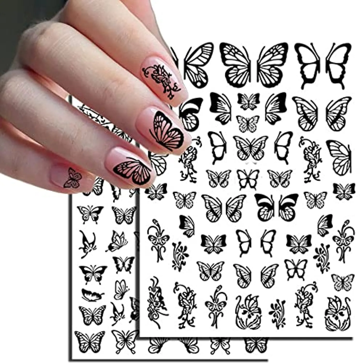 Butterfly Nail Art Stickers Spring Butterfly Nail Decals Decorate,3D Spring Self-Adhesive Black Butterflies Design Nail Decals Foil Butterflies Nail Sticker for Women Acrylic Nails-8 Sheets