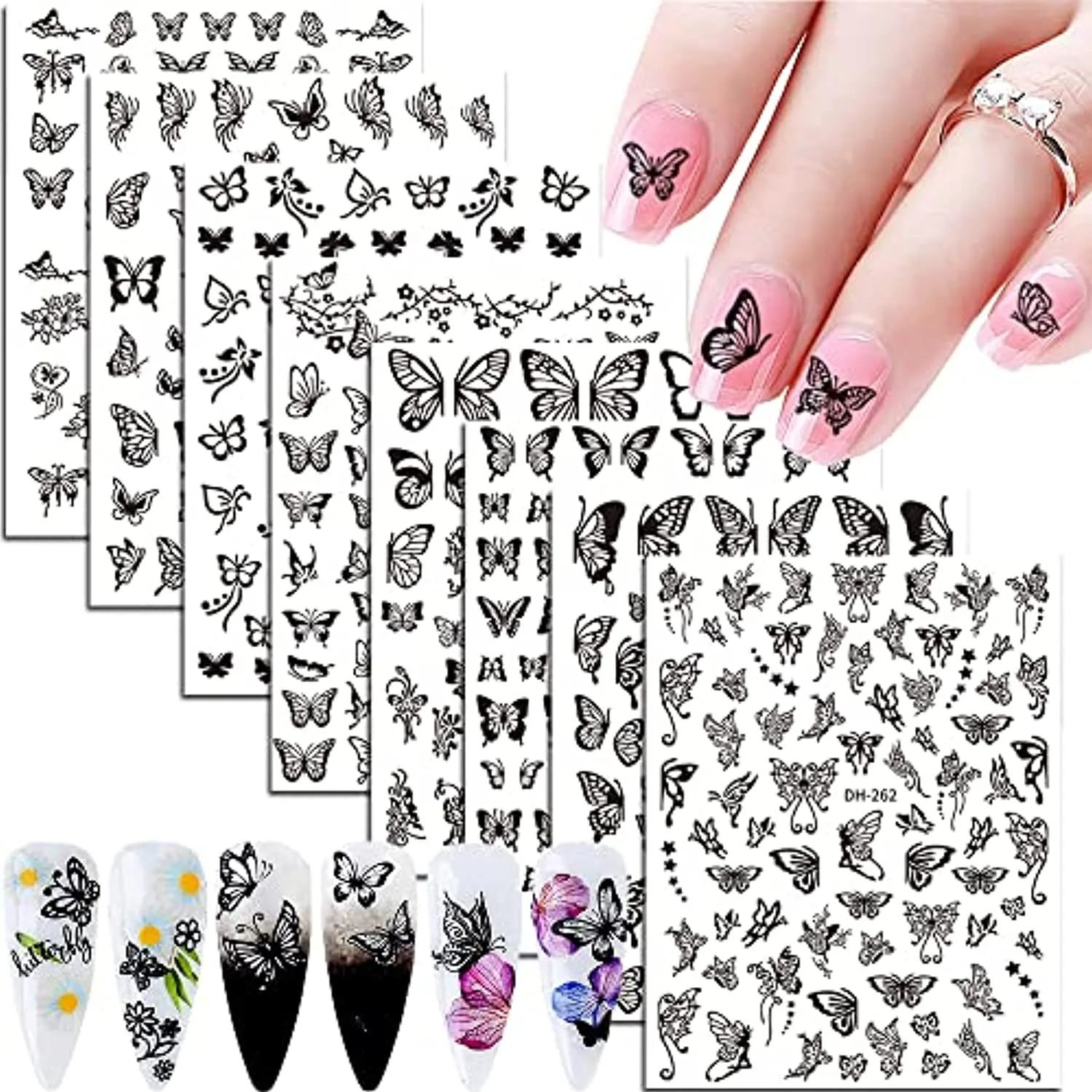 Butterfly Nail Art Stickers Spring Butterfly Nail Decals Decorate,3D Spring Self-Adhesive Black Butterflies Design Nail Decals Foil Butterflies Nail Sticker for Women Acrylic Nails-8 Sheets