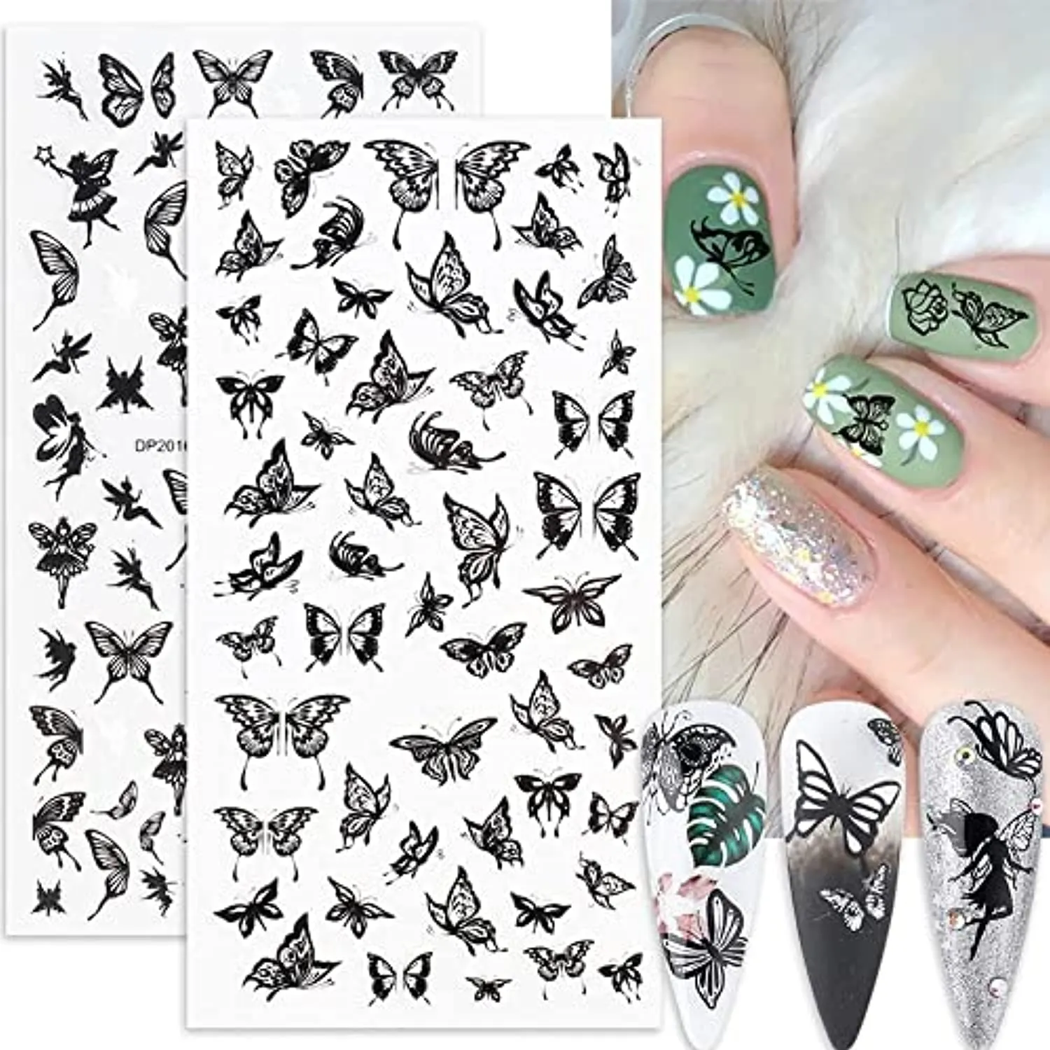 Butterfly Nail Art Stickers Spring Butterfly Nail Decals Decorate,3D Spring Self-Adhesive Black Butterflies Design Nail Decals Foil Butterflies Nail Sticker for Women Acrylic Nails-8 Sheets