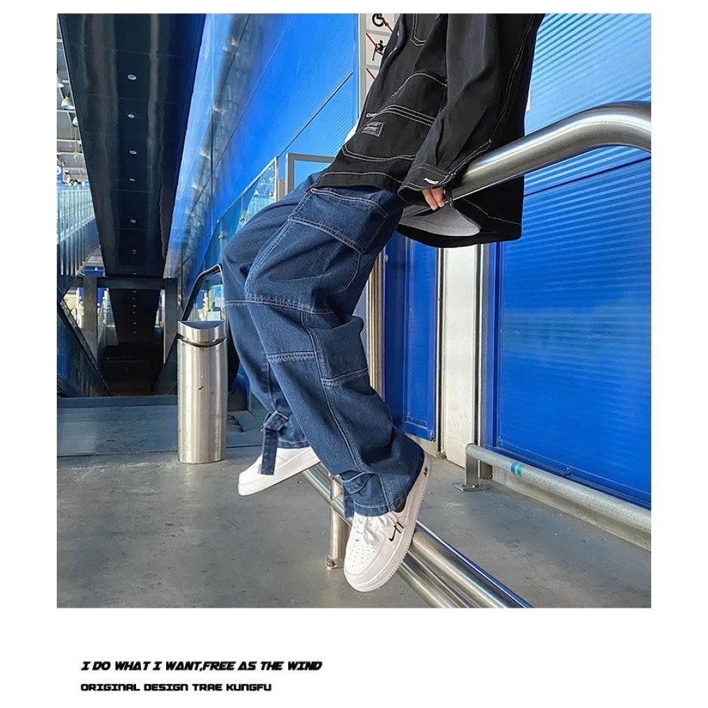 ContiNent 33 Men Jeans Wide Leg Denim Cargo jean pants Loose Straight Baggy Men&#39;s Jeans hip hop Streetwear Skateboard  Neutral denim Trousers