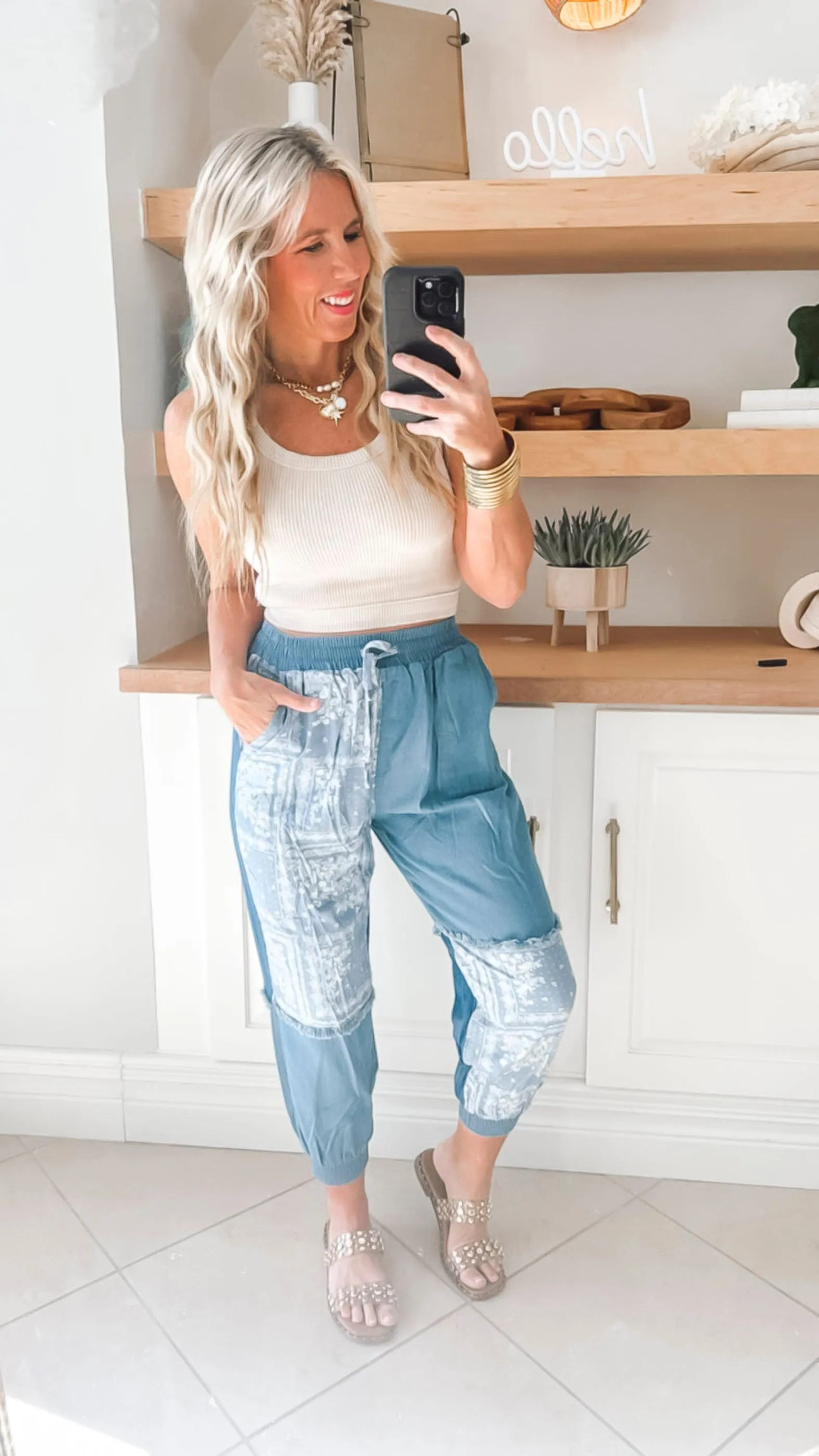 Denim Paisley Print Patchwork Jogger Pants