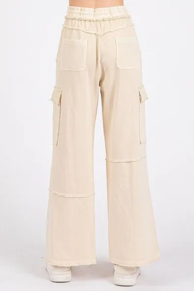 Elastic Waist Cargo Wide Leg Pants in Oatmeal