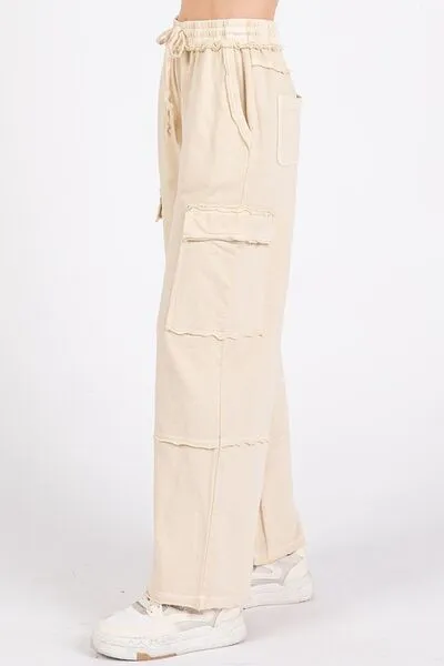 Elastic Waist Cargo Wide Leg Pants in Oatmeal