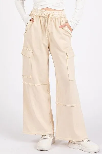 Elastic Waist Cargo Wide Leg Pants in Oatmeal