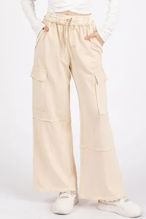 Elastic Waist Cargo Wide Leg Pants in Oatmeal