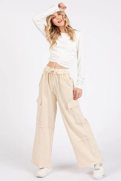 Elastic Waist Cargo Wide Leg Pants in Oatmeal