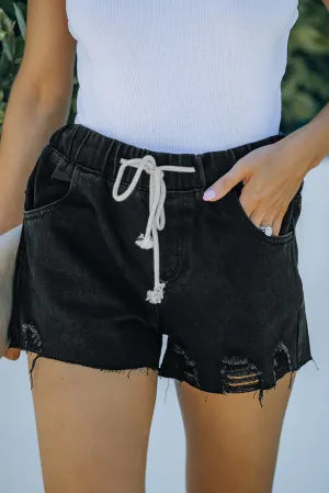 Elastic Waist Drawstring Distressed Denim Shorts
