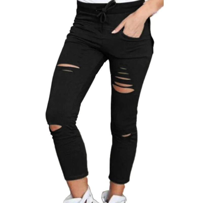 Female Trousers Women Hole leggings Ripped Pants Slim Stretch Drawstring Trousers Pants Army Green Pants