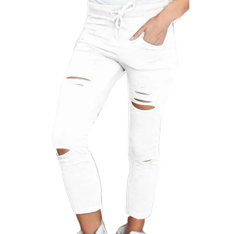 Female Trousers Women Hole leggings Ripped Pants Slim Stretch Drawstring Trousers Pants Army Green Pants