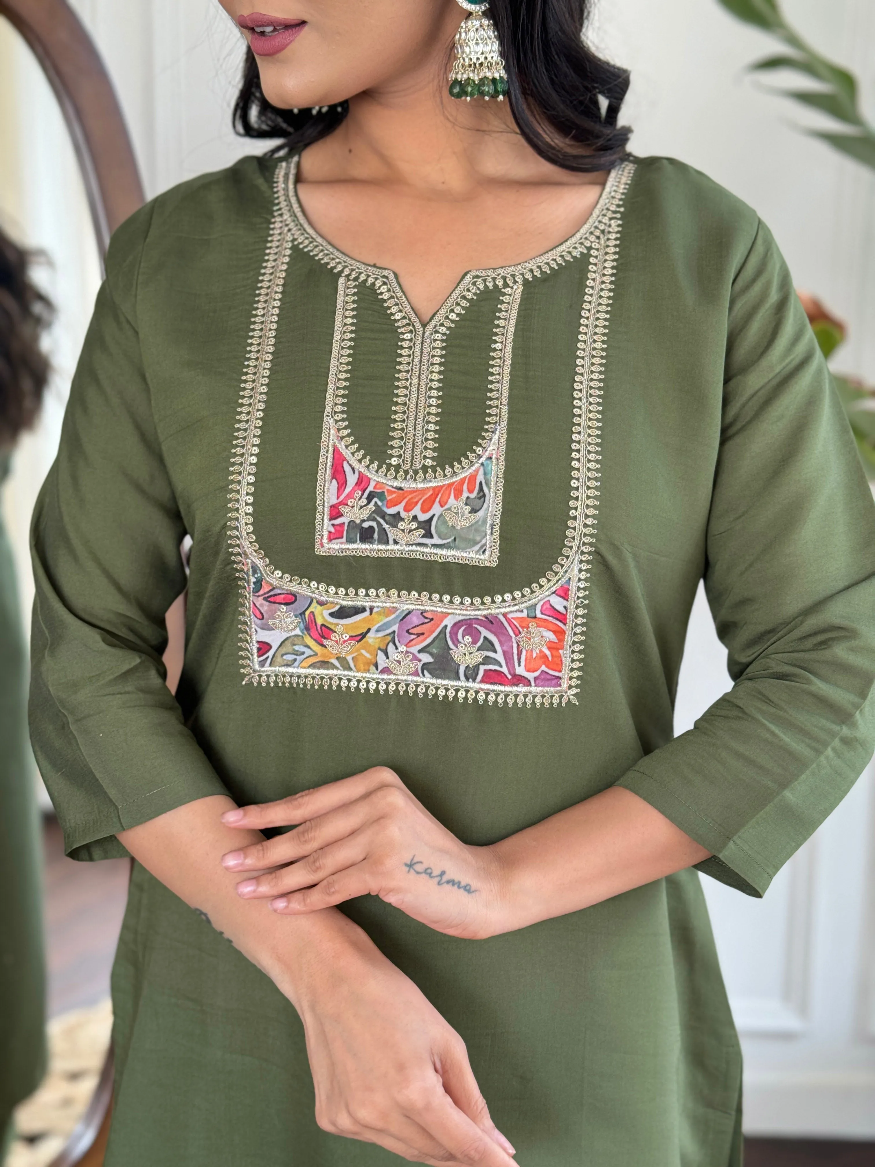 FRILLFIT :  Olive Green Kurti Set with Vibrant Printed Dupatta – Ethnic Wear for Women
