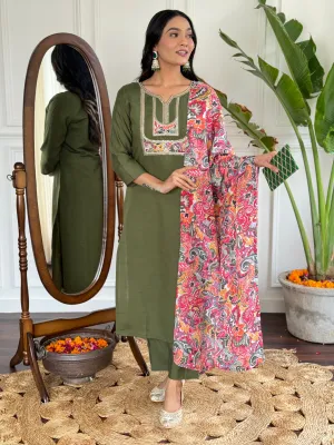 FRILLFIT :  Olive Green Kurti Set with Vibrant Printed Dupatta – Ethnic Wear for Women