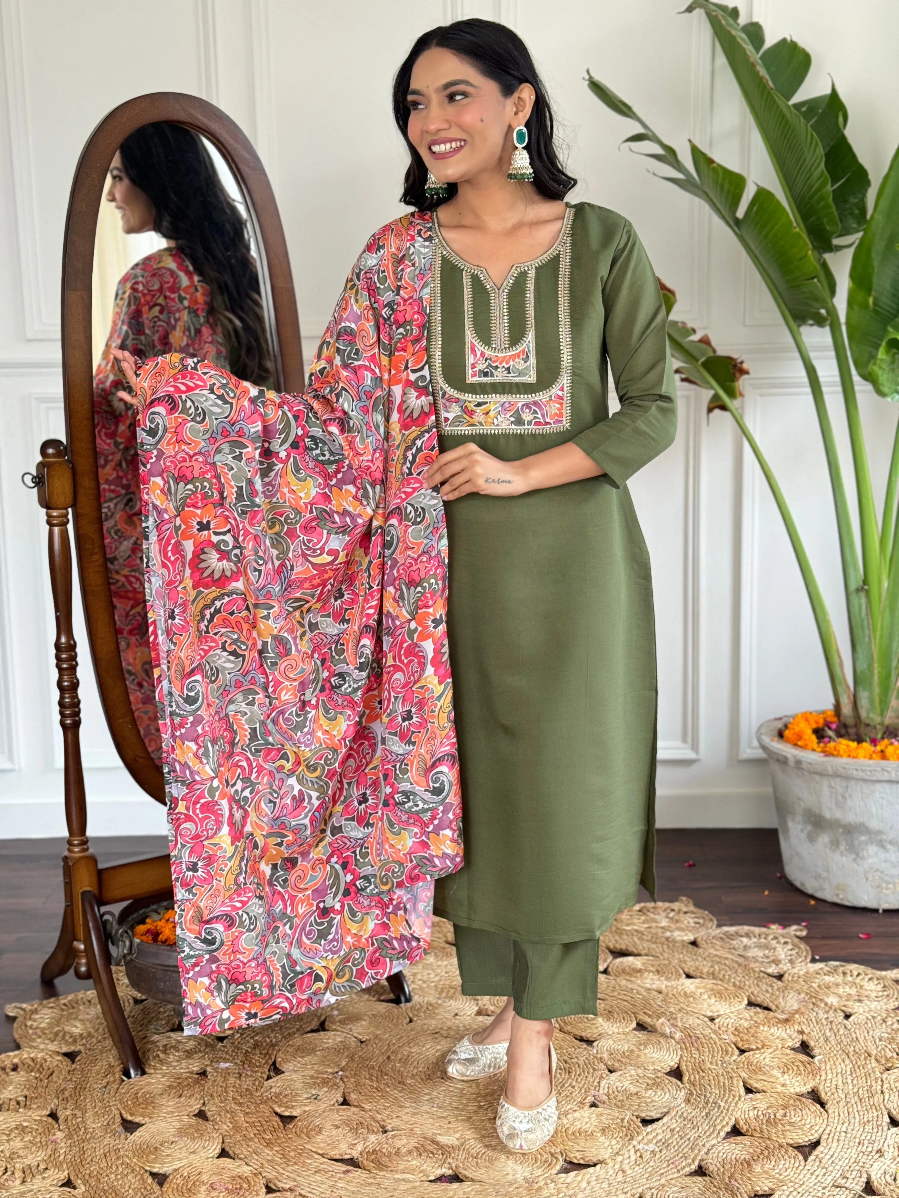 FRILLFIT :  Olive Green Kurti Set with Vibrant Printed Dupatta – Ethnic Wear for Women