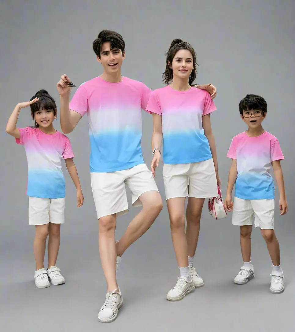 Gradient Ombre Family Matching Outfits  Pink & Blue T-Shirts with White Shorts Set
