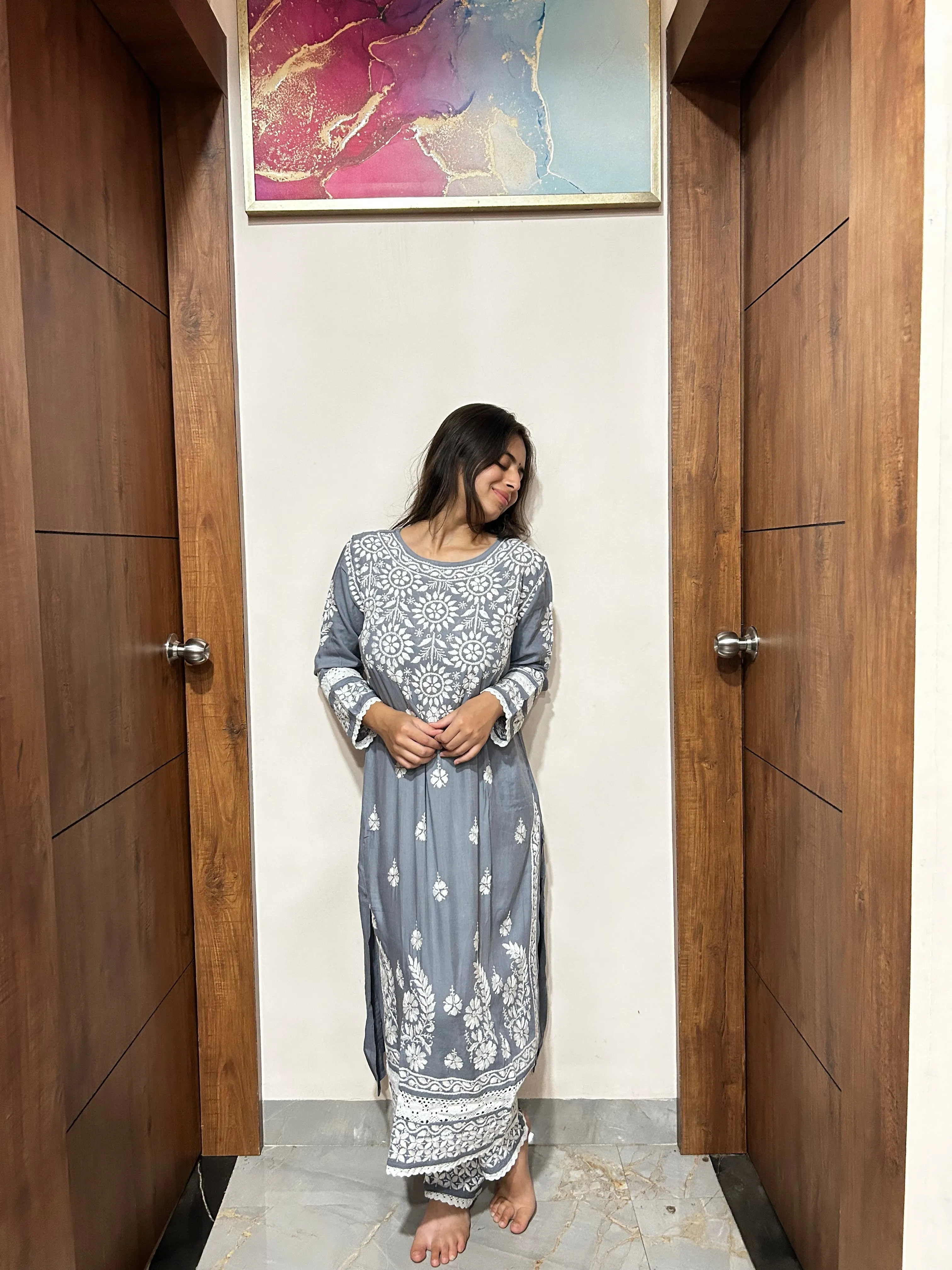 Grey Chikankari Kurti In Rayon With Rayon