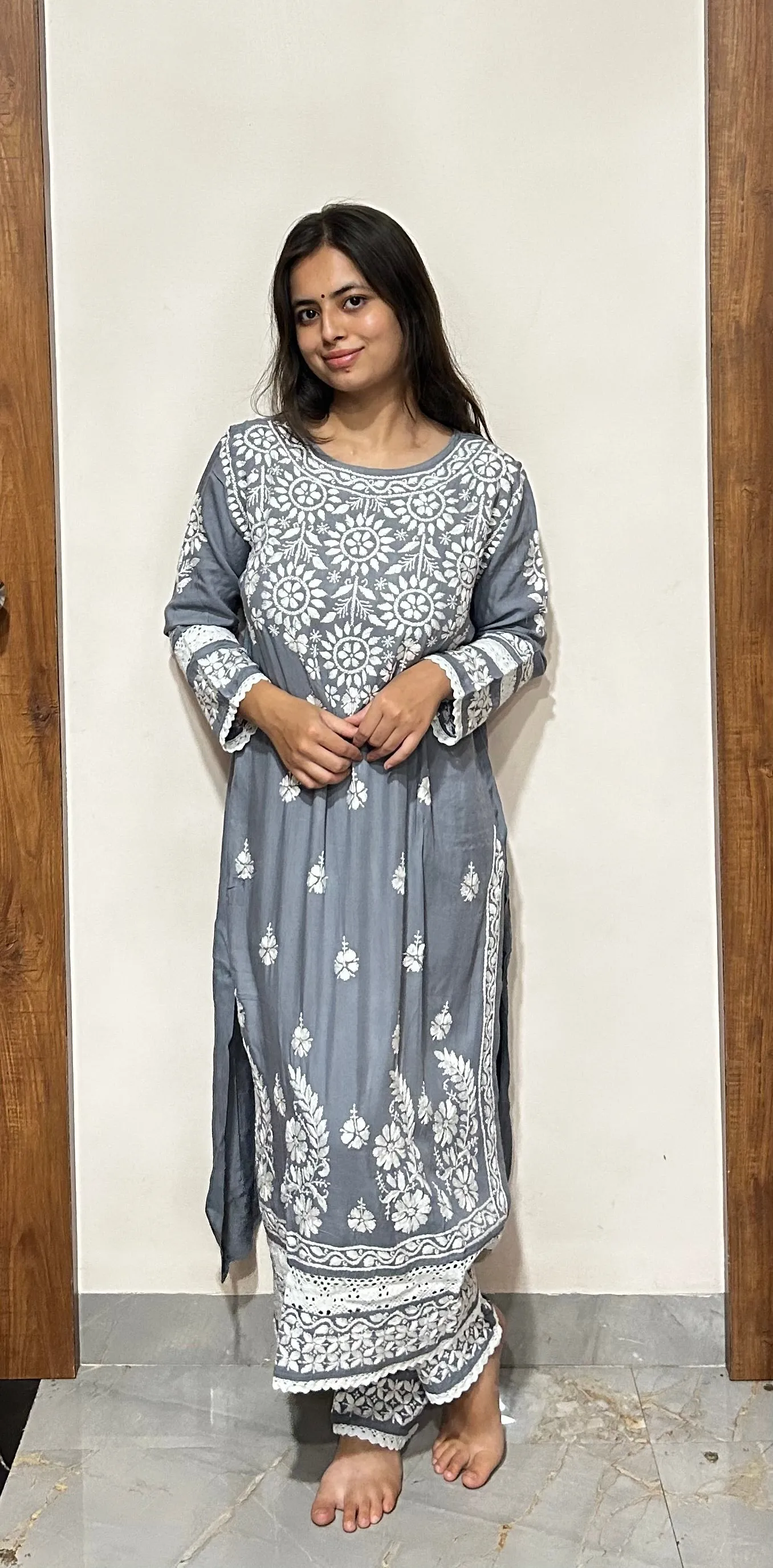 Grey Chikankari Kurti In Rayon With Rayon