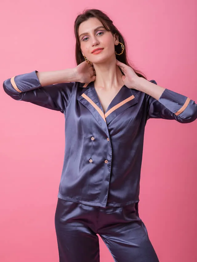 Grey Satin Tux Set With Peach