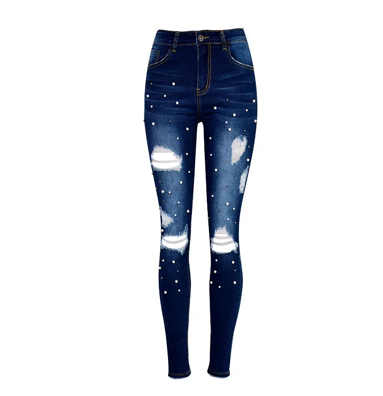 High-waisted Pearl Studded Irregular Hole Denim Trousers