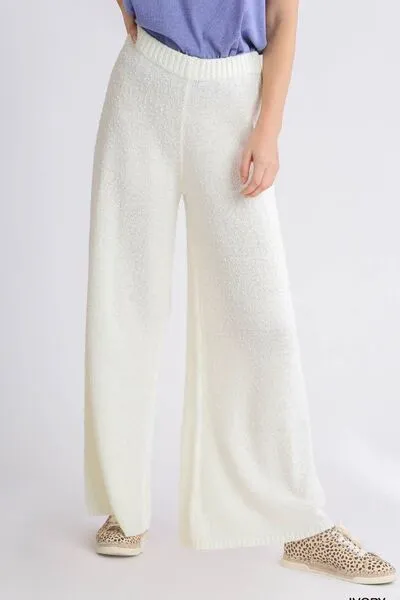 Ivory Elastic Waistband Wide Leg Sweater Pants