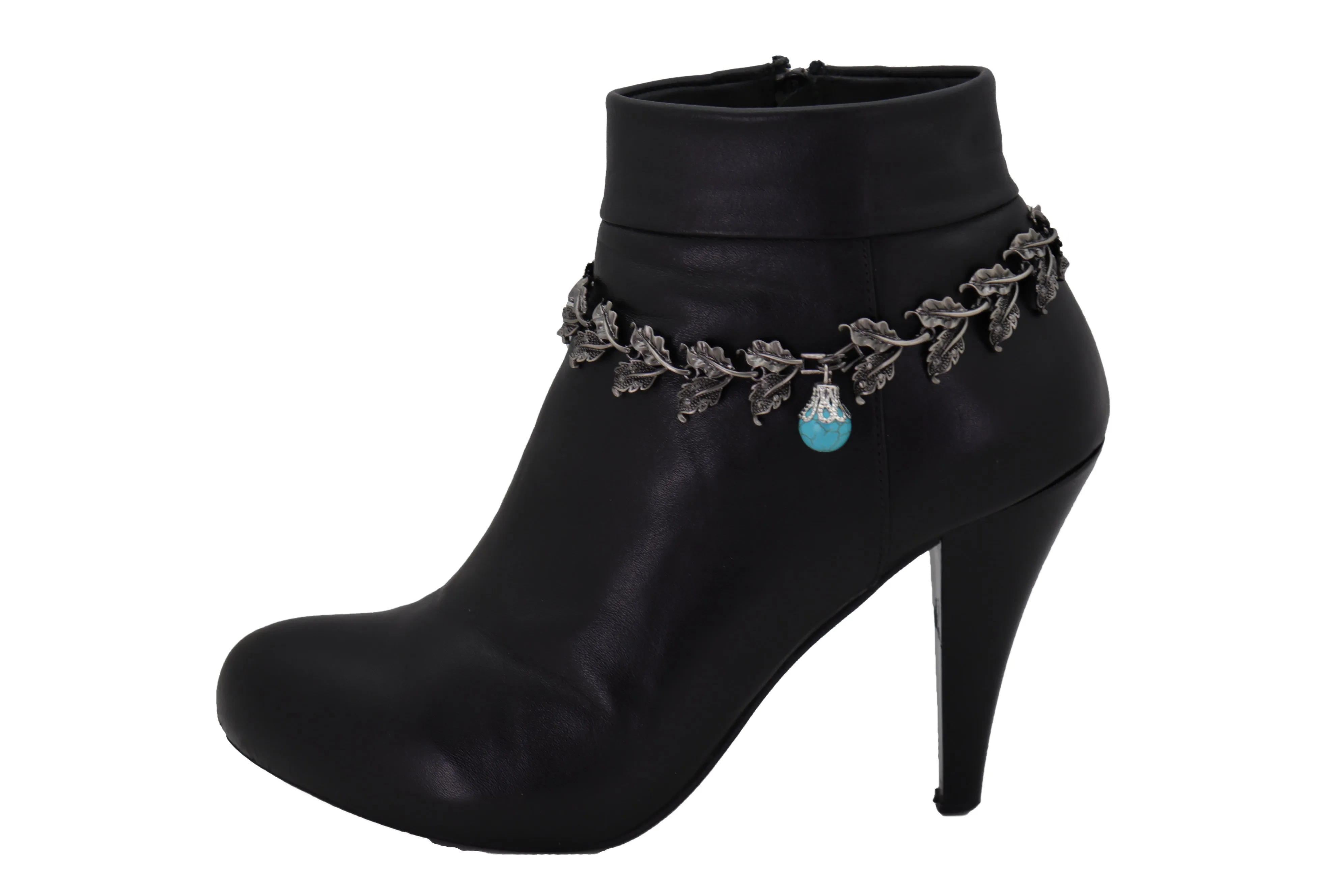 Pewter Metal Chain Boot Bracelet Shoe Turquoise Blue Bead Leaf Charms One Size