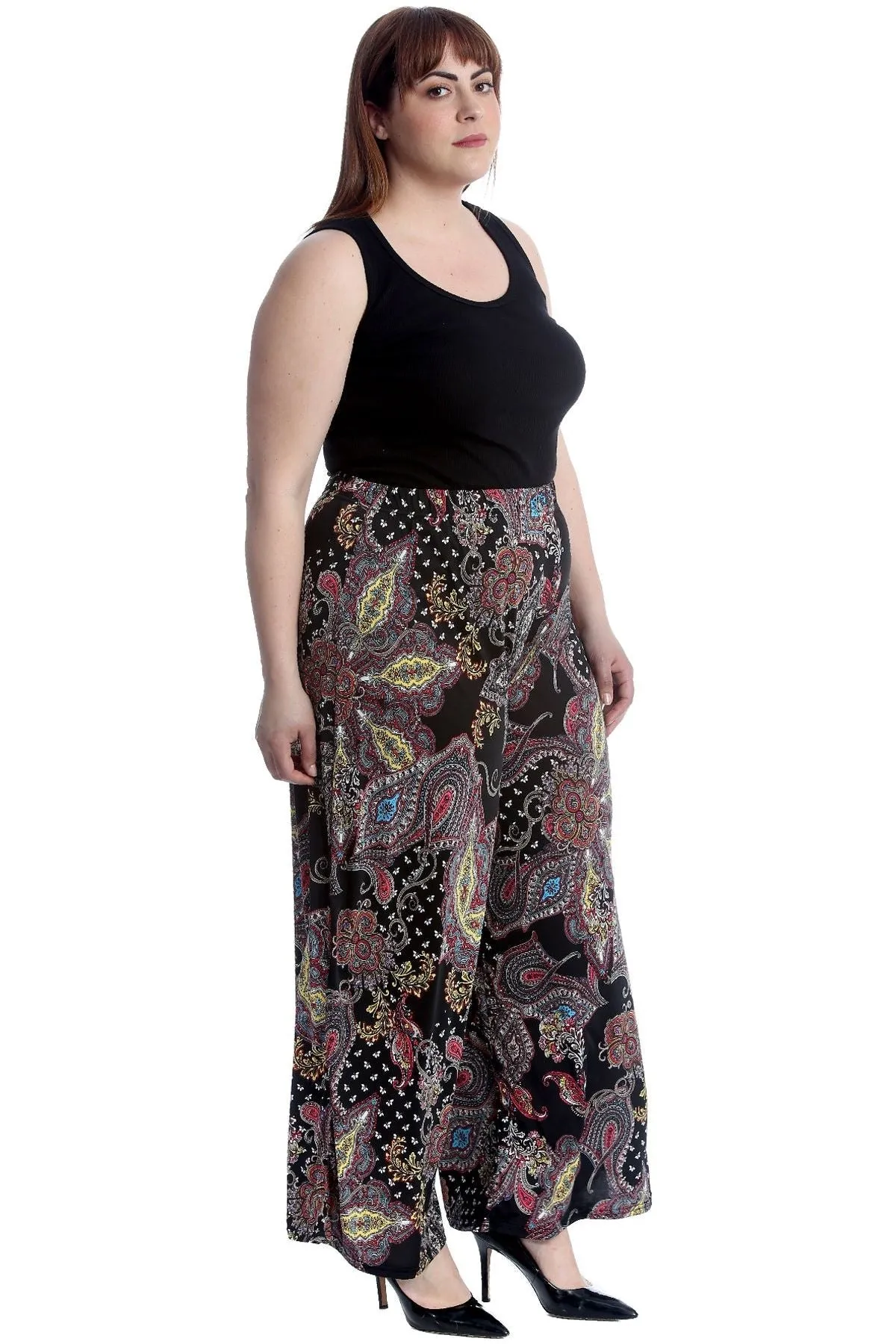 Plus Size Wine Paisley Print Wide Leg Palazzo Trouser