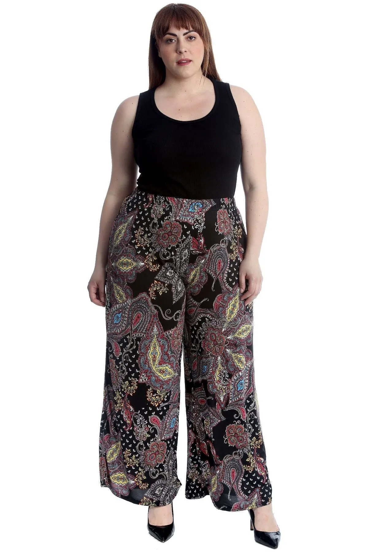 Plus Size Wine Paisley Print Wide Leg Palazzo Trouser