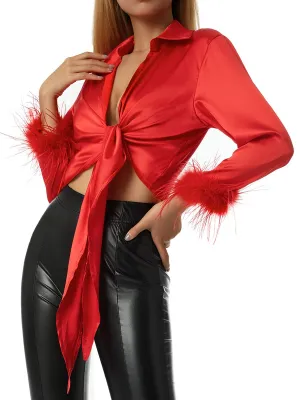 Red satin blouse with feathers