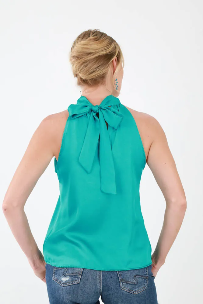 Satin Tie Halter Top -Teal