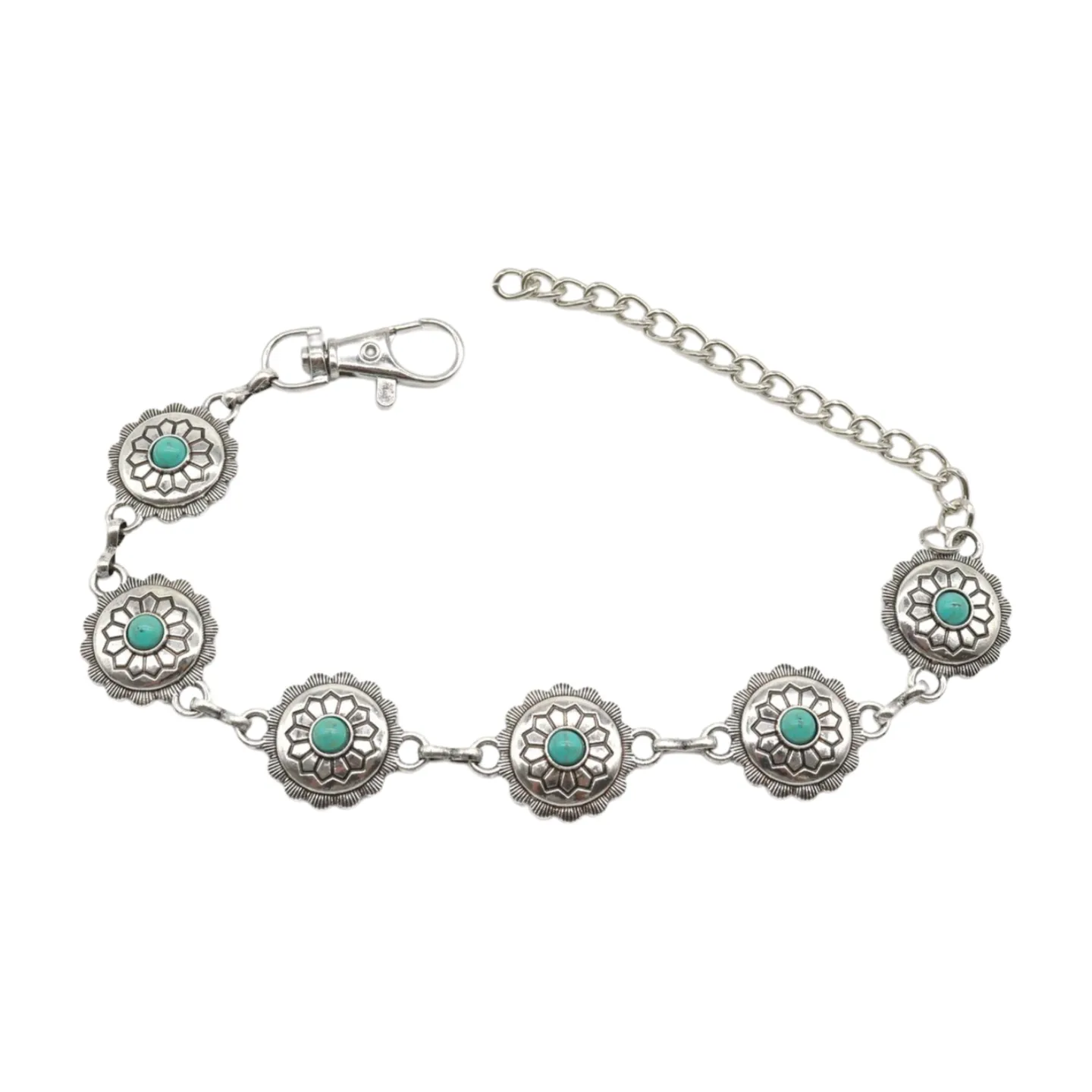 Silver Metal Boot Chain Bracelet Anklet Shoe Flower Charm Turquoise Blue