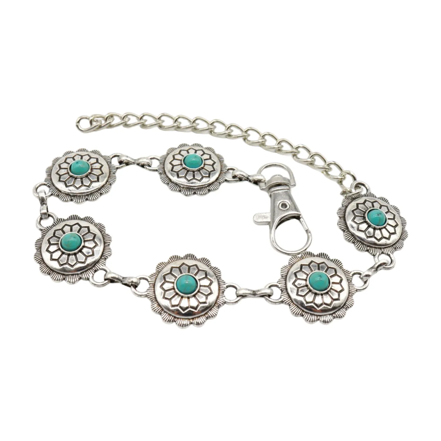 Silver Metal Boot Chain Bracelet Anklet Shoe Flower Charm Turquoise Blue
