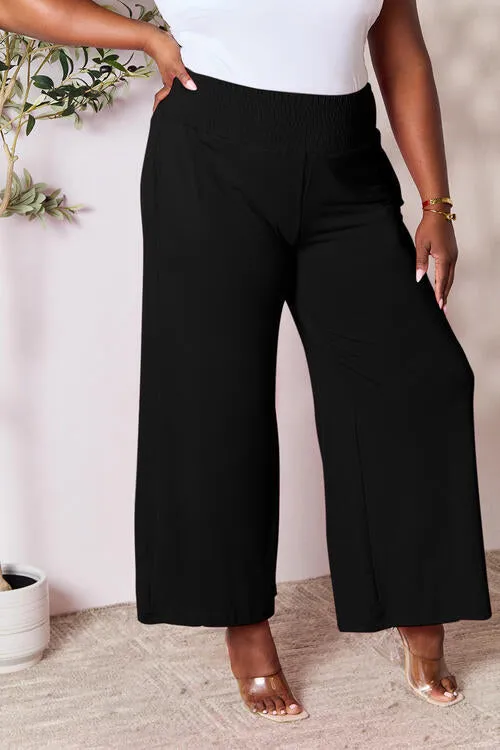 Smocked Waistband Wide Leg Pants- 5 Colors (Pink, Army Green Coffee, Black, Charcoal)