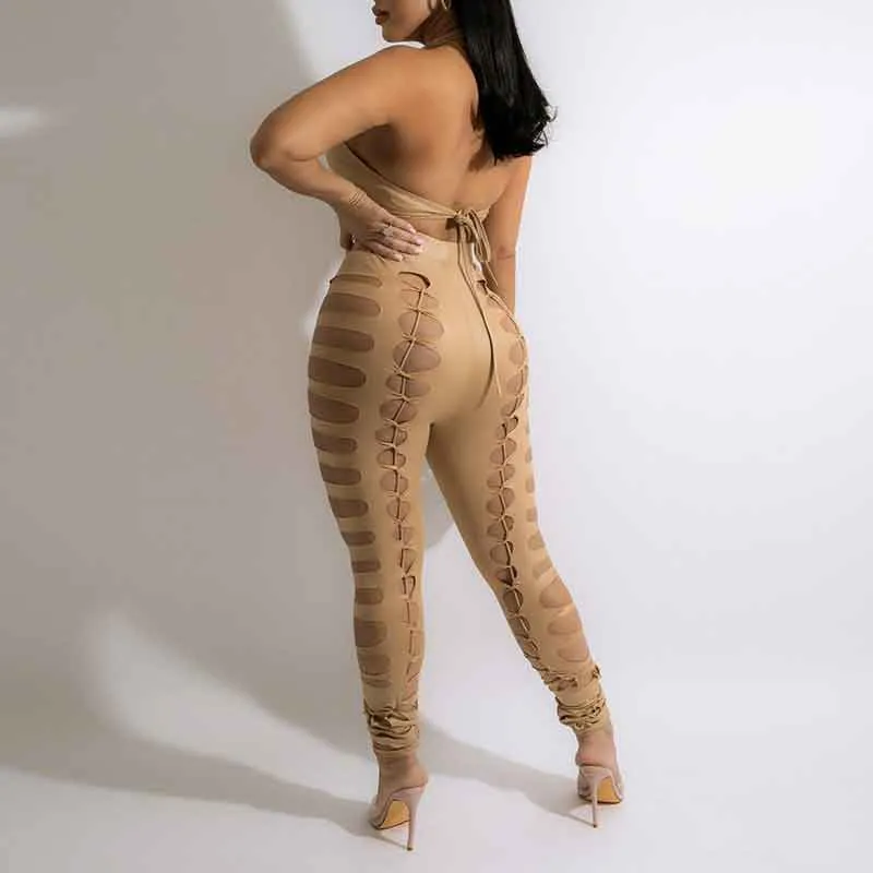Solid Sleeveless Halter Cut Out Crop Top & Pants Set