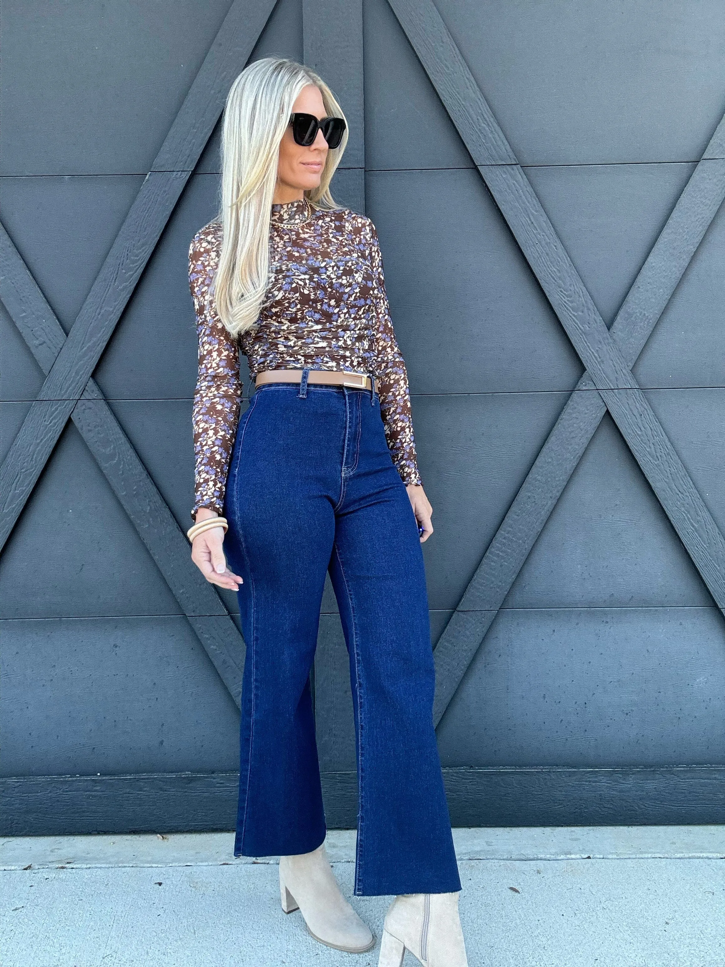 Stretch High Rise Wide Leg Cropped Dark Denim Jean