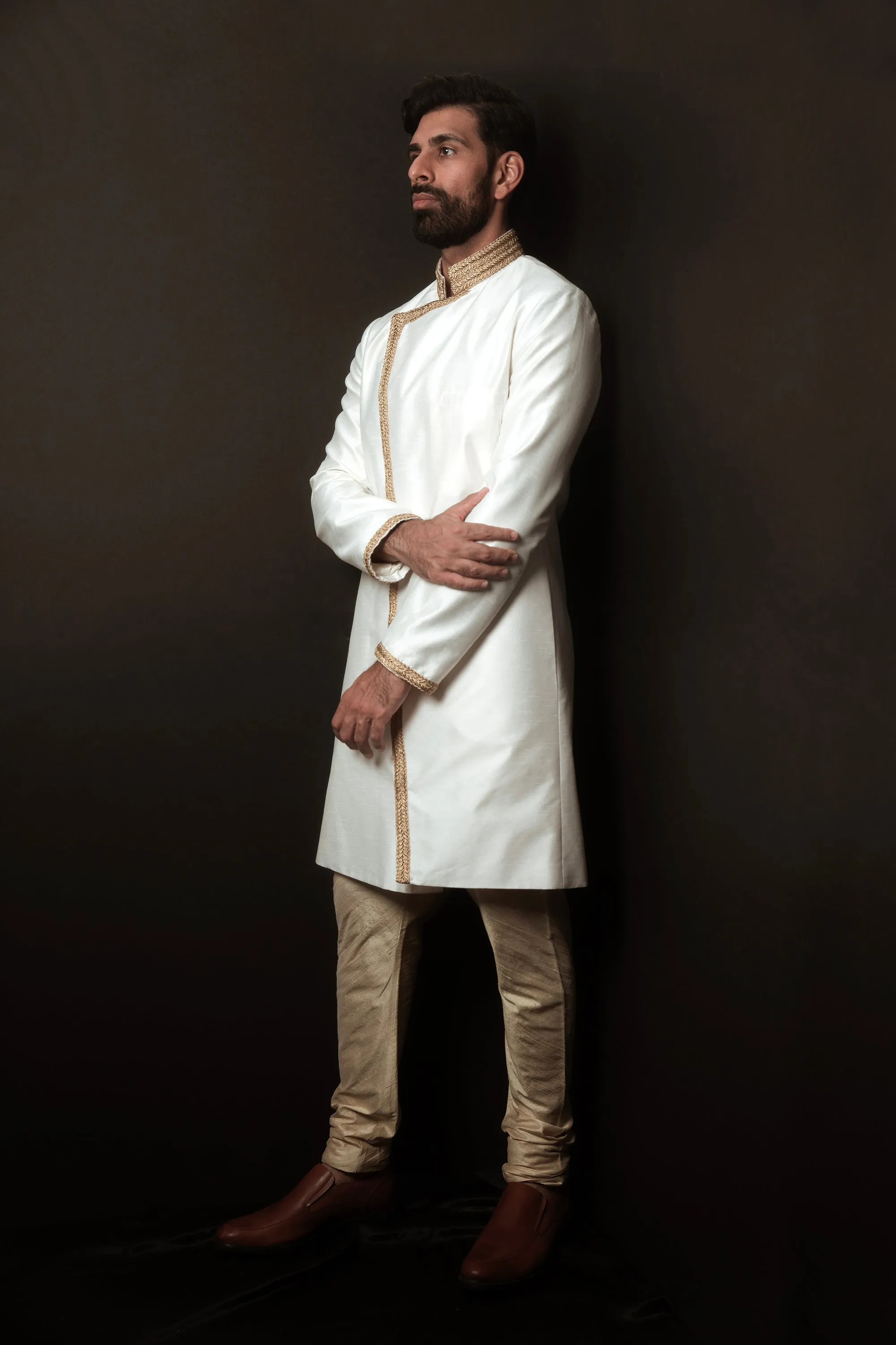 TARAN Asymetrical Ivory and Gold Sherwani