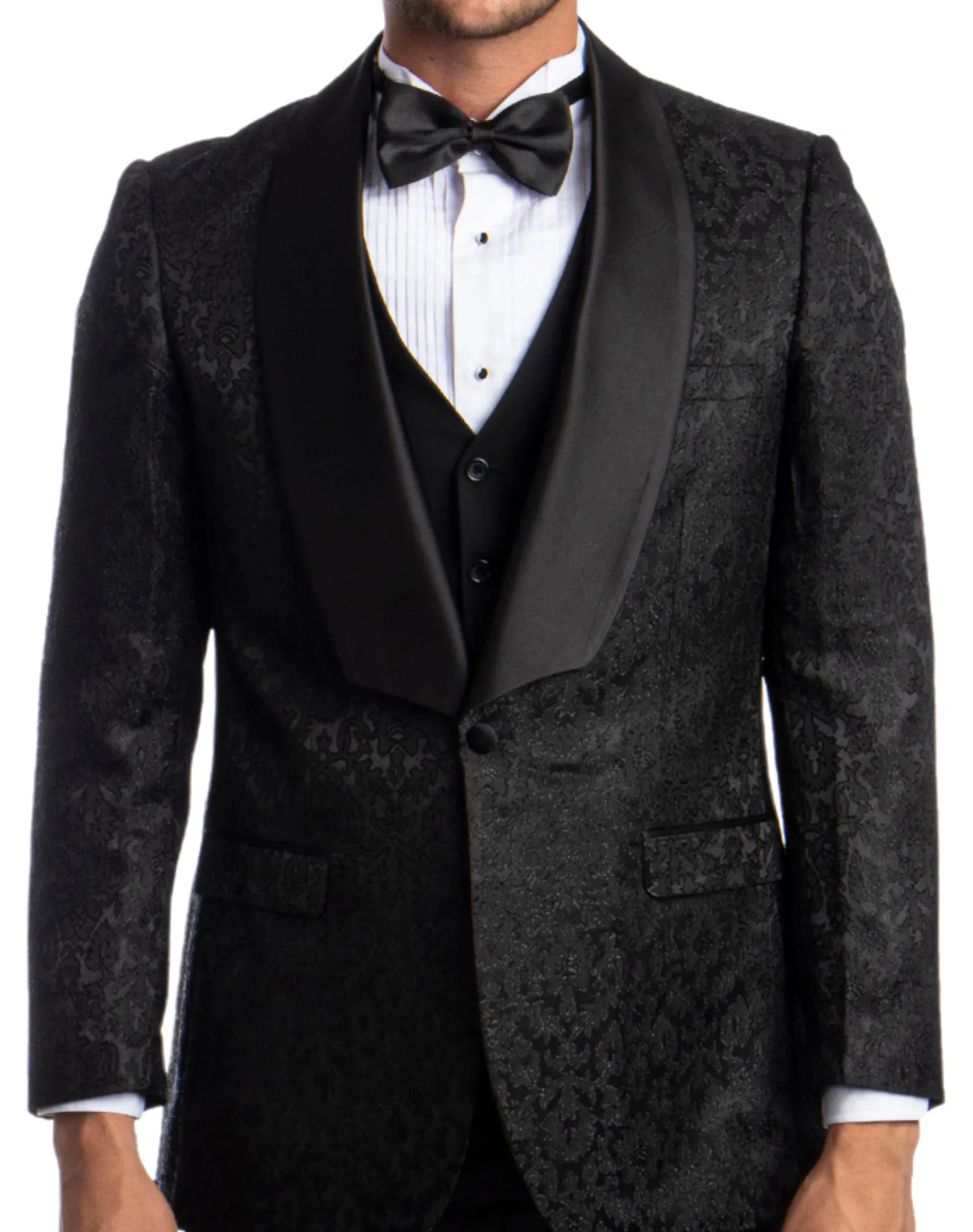 Tazzio Paisley Pattern Classic Fit Vested Tuxedo - Black