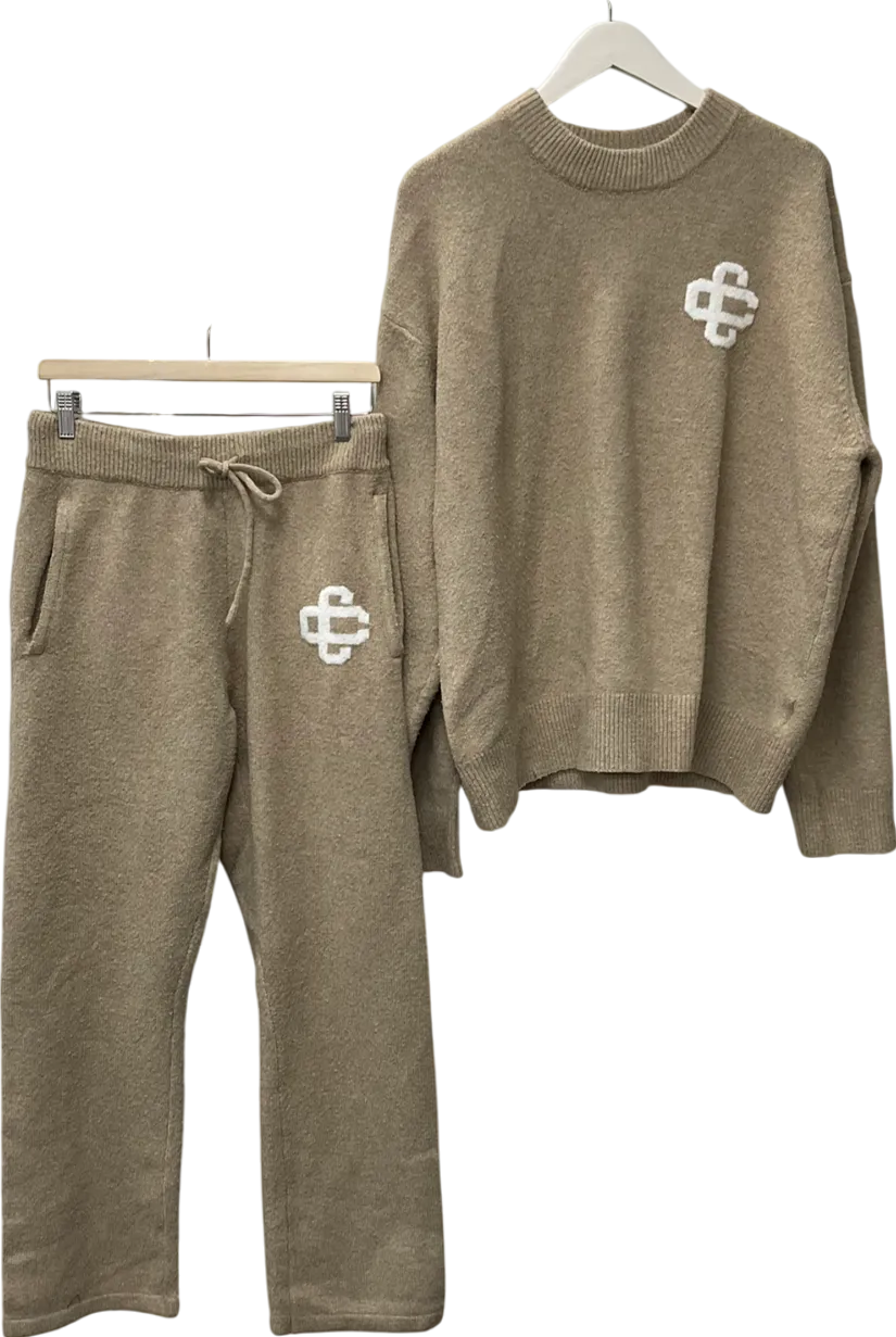 The Couture Club Beige Branded Drawstring-waist Knitted Trousers & Fluffy Emblem Jumper UK M/L