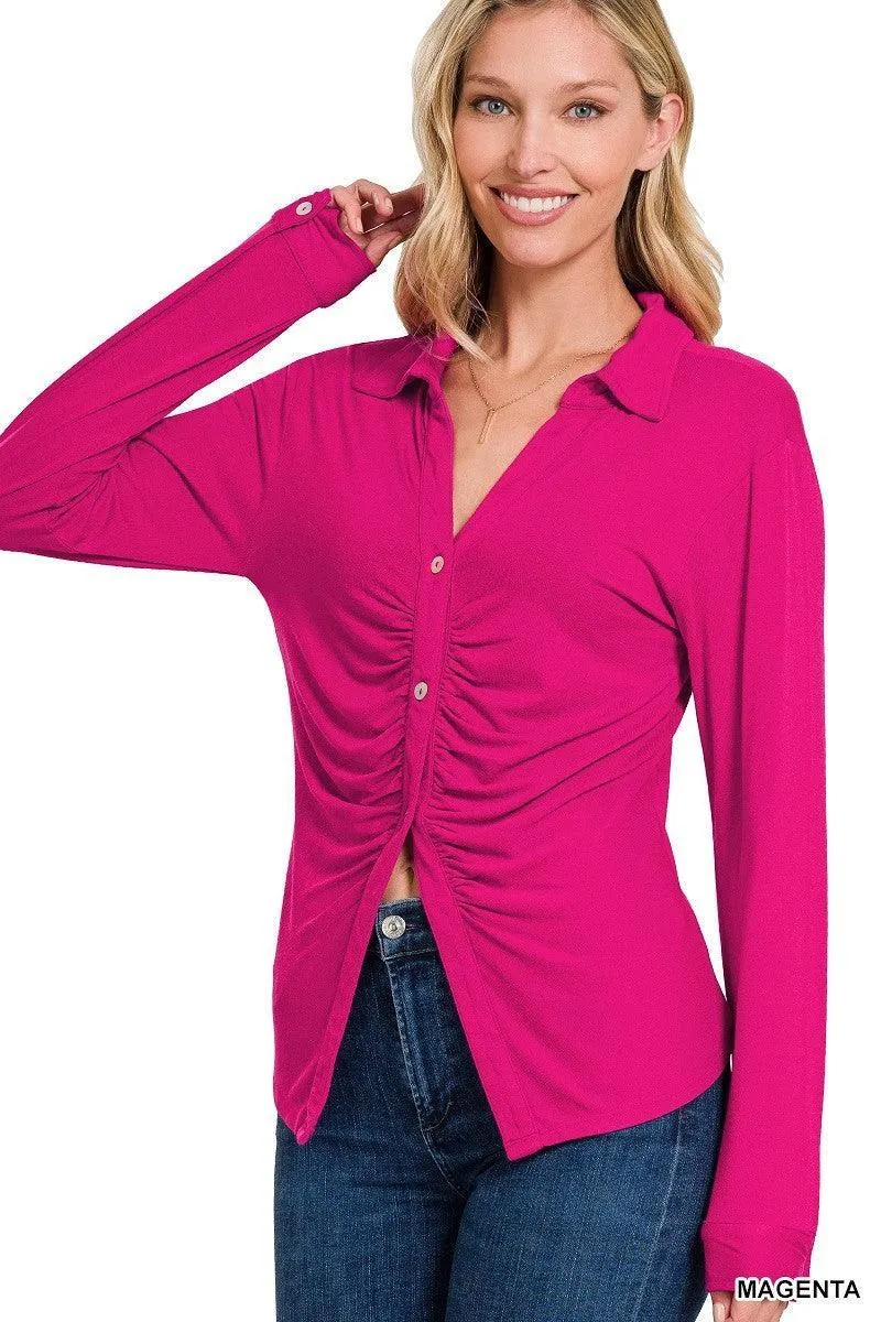 Ultra-Comfy Stretchy Ruched Button-Down Shirt