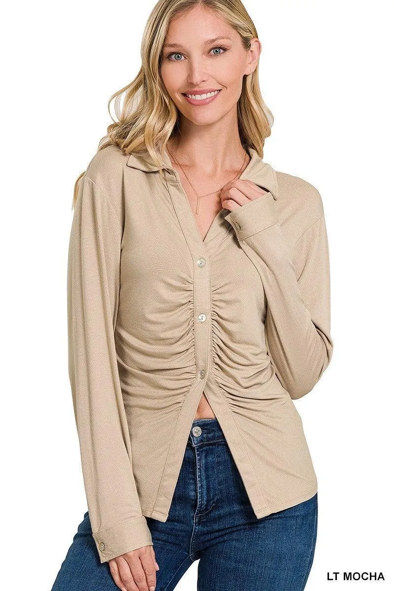 Ultra-Comfy Stretchy Ruched Button-Down Shirt