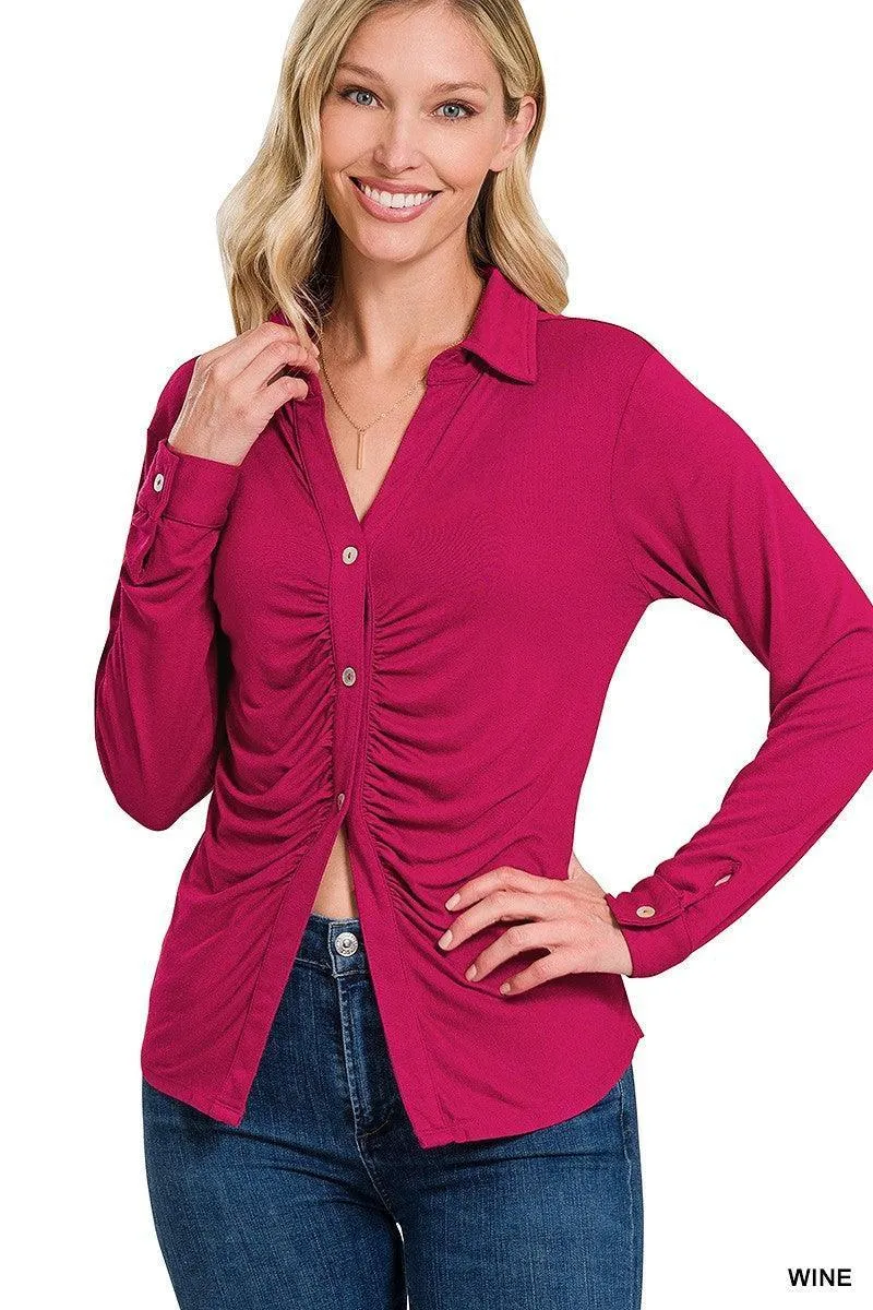 Ultra-Comfy Stretchy Ruched Button-Down Shirt
