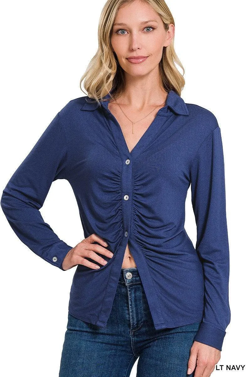 Ultra-Comfy Stretchy Ruched Button-Down Shirt