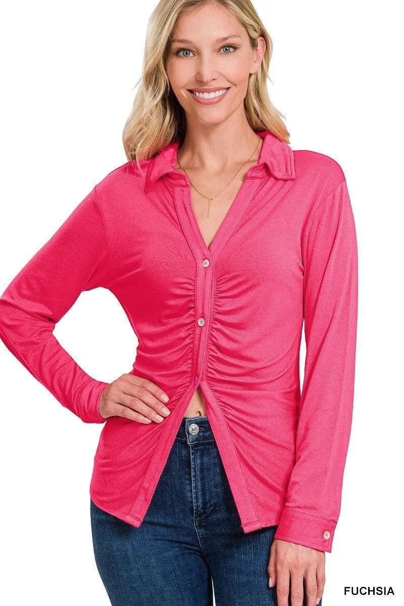 Ultra-Comfy Stretchy Ruched Button-Down Shirt