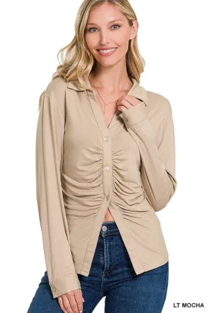 Ultra-Comfy Stretchy Ruched Button-Down Shirt