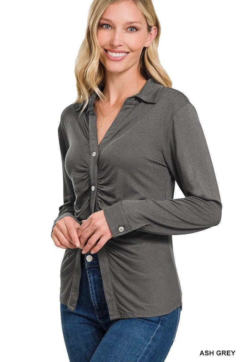 Ultra-Comfy Stretchy Ruched Button-Down Shirt