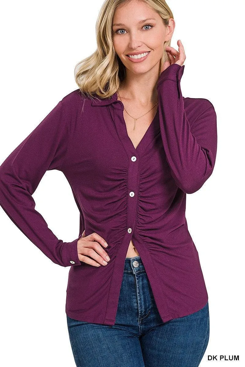Ultra-Comfy Stretchy Ruched Button-Down Shirt