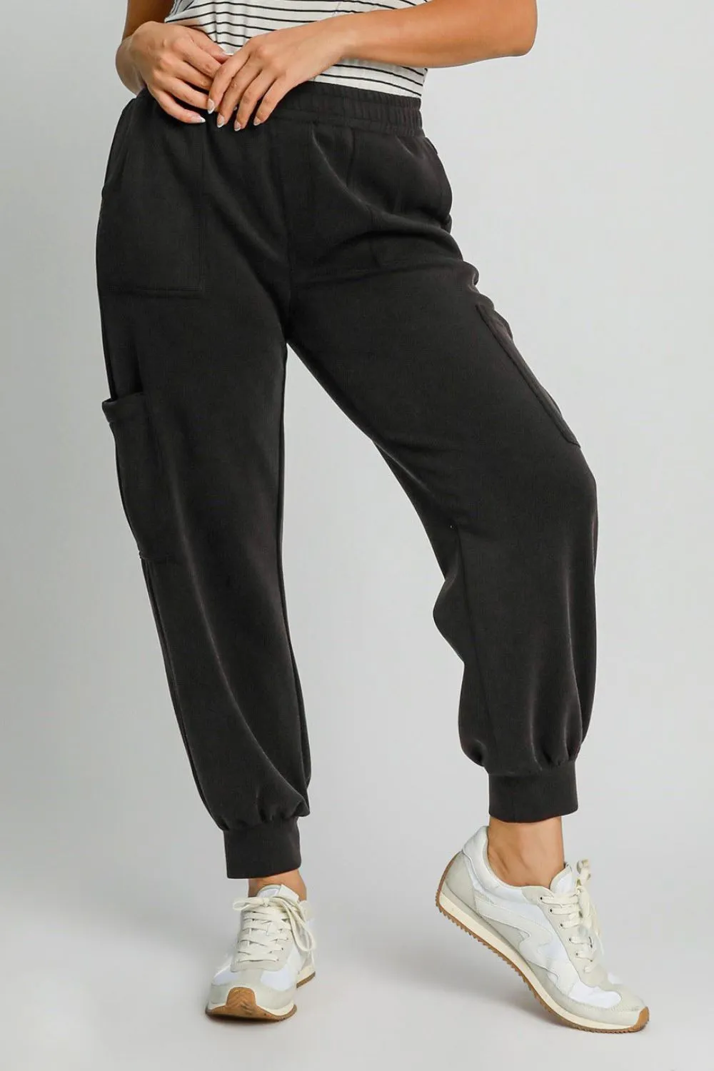 Umgee Mineral Washed Elastic Waist Cargo Pants (Plus Size)